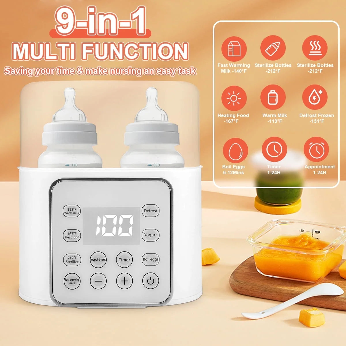 Baby , 9-In-1 Portable  with LCD Display, Double Bottles Fast Milk Warmer, White
